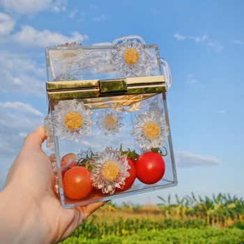 

Original Sun Flowers Fresh Summer Transparent Acrylic Bags PVC Square Box Bag Daisy Pattern Handbag Holiday Beach Bag For Girls