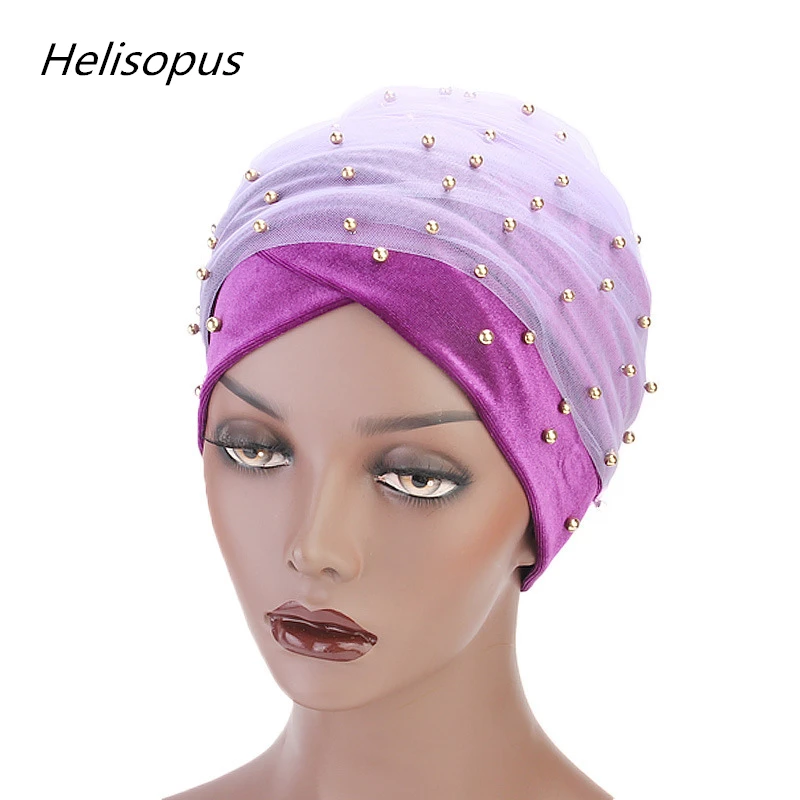 

Helisopus Luxury Gold Beaded Mesh Head Wrap Women Velvet Long-tailed Head Scarf Turban Double Layer Hijab Muslim Headwear