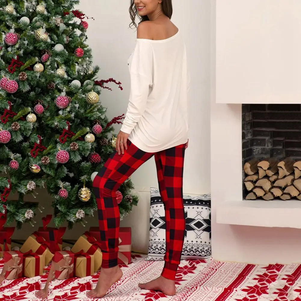 Рождественский костюм, футболка с длинными рукавами и надписью, красные клетчатые длинные штаны, повседневные пижамы, женский домашний костюм, комплект из двух предметов