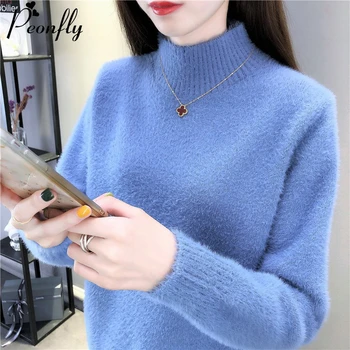

PEONFLY Fluffy Thick Sweater Women Casual Solid Knitted Pullovers Women Long Sleeve 2020 Female Warm Sweater Jumper Blue
