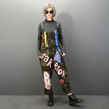 

Camouflage Denim jumpsuit Spring and Autumn New Street Wind Pants Student Loose Style Tassel Denim Jumpsuit A71- 17-056Z20