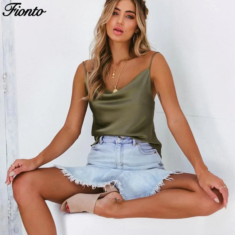 

FIONTO Fashion Women Sexy Silk Camisole Chiffon Printing Shirt U Neck Vest Female Pure Color T-shirt Soft Tank Top Crop CA2281/5