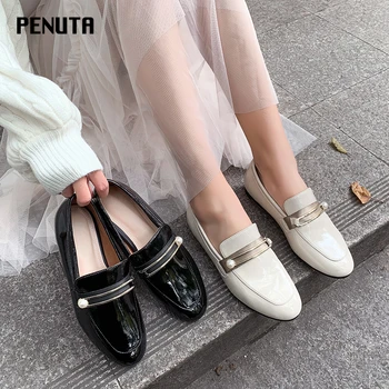 

2020 PENUTA Breathable Shoes Woman Patent Leather Black Beige Flat Shoes Slip On Metal Decoration Soft Wear Loafers Newest F0017