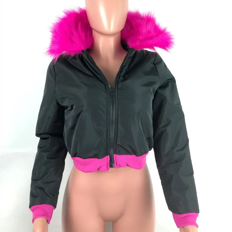 ANJAMANOR Fashion Winter Jacket Women Crop Bubble Coat with Faux Fur Collar Plus Size Puffer Overcoat Windbreaker D30-BZ69