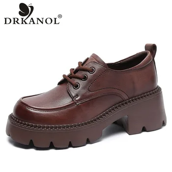 DRKANOL-수제 두꺼운 밑창 여성 신발, 레트로 정품 가죽 두꺼운 하이힐 두툼한 플랫폼 캐주얼 신발, 2023 봄