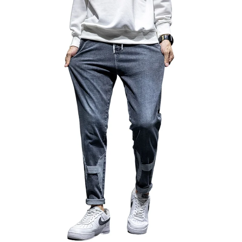 Jeans for Men Blue Gray Loose Fit Patched Elastic Waist Leisure Good Quality Men's Clothes Trousers Denim Pants Cowboys 928 | Мужская