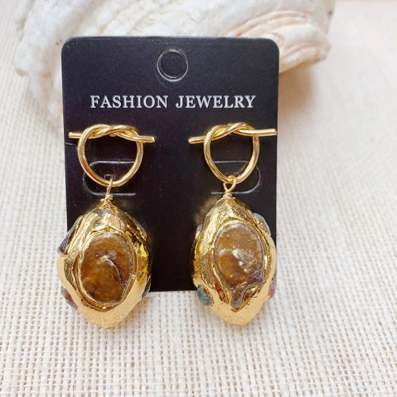 

Woman Earring 24K Gold Natural Baroque Pearl Dangle Earrings 2020 New Design Earring For Lady Brown 3pairs