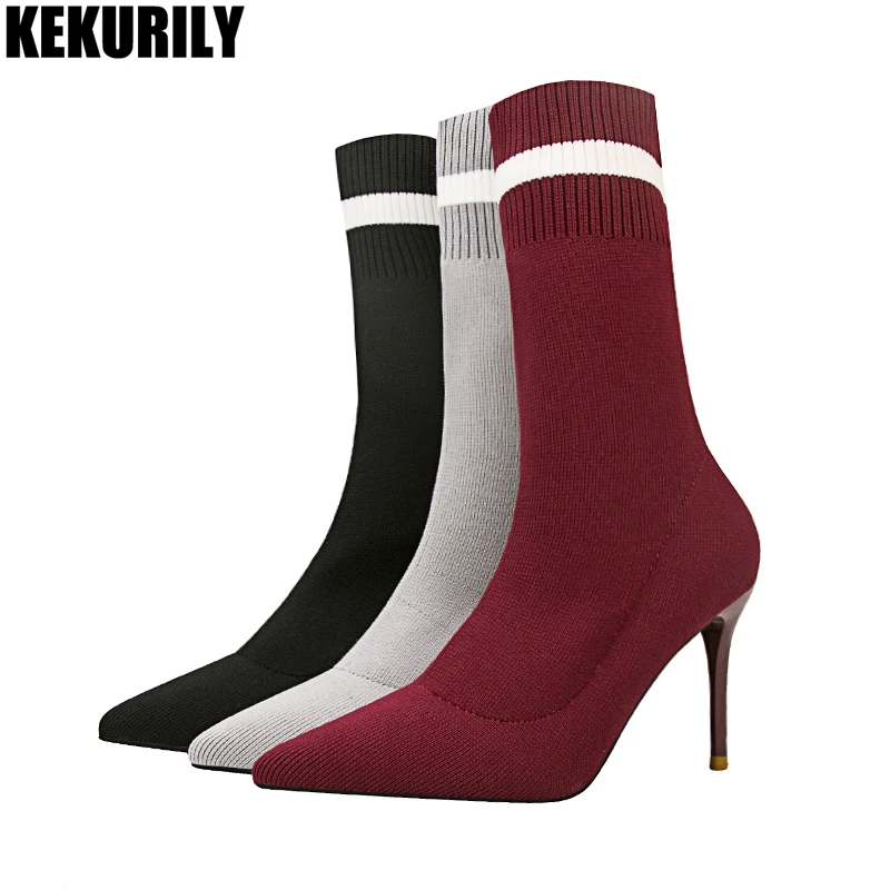 

Socks Boots Woman Shoes High Heels Mid Calf Boot Pointed Toe fashion half Booties Designer Zapatos De Mujer Black wine red gray