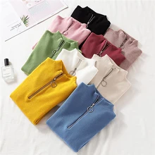 Зимний вязаный свитер на молнии, Женский Однотонный свитер с высоким воротом и длинным рукавом, повседневный тонкий женский пуловер, Женский вязаный свитер