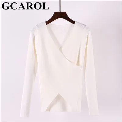 White GCAROL Новинка Осень Зима крест-накрест свитер V шеи стрейч 5 цветов женский джемпер СЕКСУАЛЬНЫЙ OL базовый дизайн вязанные Топы - Цвет: White