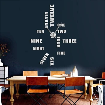 

English Letter Number Large Wall Clock Modern Design DIY Wall Watch Home Decoration Accessories Frameless Giant Wall Clock