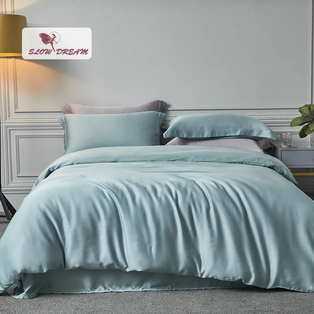 

SlowDream Luxury 100% Silk Blue Beauty Bedding Set Silky 6A Queen King Duvet Cover Set Home Decor Pillowcase Women Flat Sheet