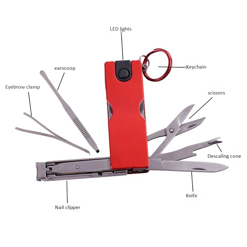  Multifunction Mini Fashion Keychain Stainless Steel Nail Clipper LED Light Ear Cleaner Pocket Ring 