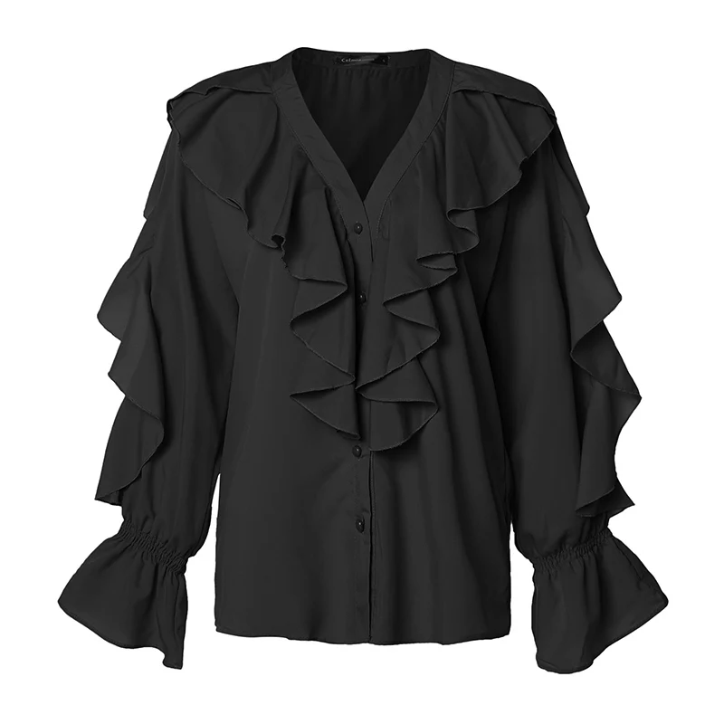 Стильные топы размера плюс, блузка с оборками, женские летние сексуальные рубашки с v-образным вырезом и длинным рукавом, женские повседневные уличные Блузы на пуговицах, 5XL - Цвет: Черный