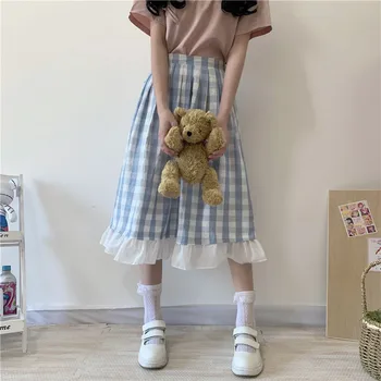 

Korean Sweet Ruffles Summer Skirt Cute Plaid A-Line High Waist Female Elastic Waist Women Midi Skirt Harajuku Basic Long Skirt