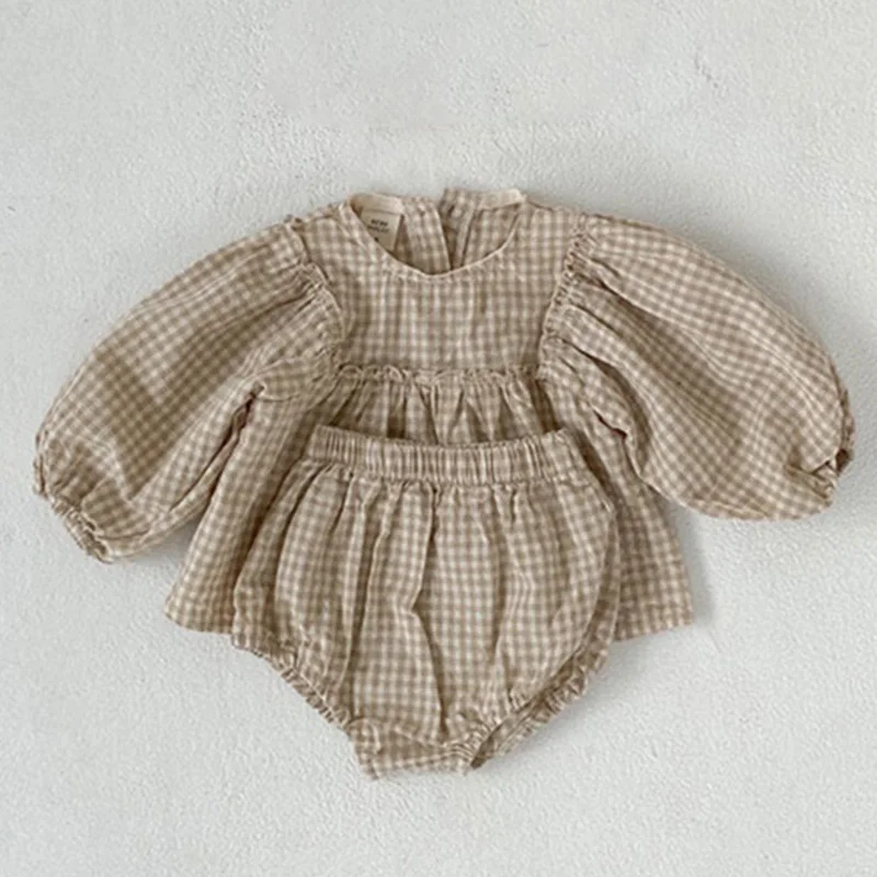 Baby Girls Suit 2022 Baby Girls Clothes Little Plaid Infant Girls Clothes Set Puff Sleeve Blouse + Bloomer 2pcs Toddler Clothes baby clothes mini set Baby Clothing Set