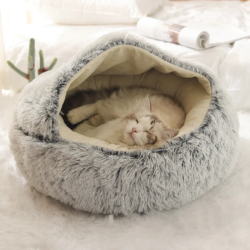 CatBedRoundPlushCatWarmBedHouseSoftLongPlushPetDogBedFor