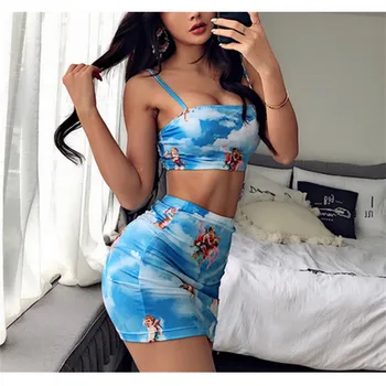 

2020 New Ladies Two pieces Set Ruched Crop Tops Short Tank High Waist Mini Skirt High Street Sweet Clubwear Fashion Women Dress