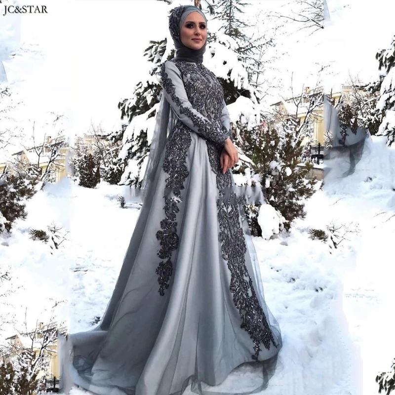 2019 серые мусульманские Вечерние платья с длинным рукавом высоким воротником