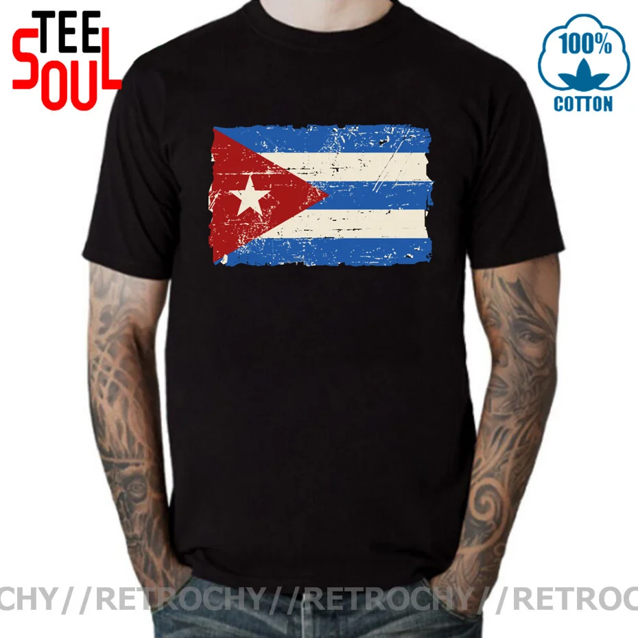 Retrochy Vintage Cuba National Flag Men's Cool Group Tops &amp Tees Black Short Sleeve T-shirt Custom Company Made Cuban Shirt | Мужская