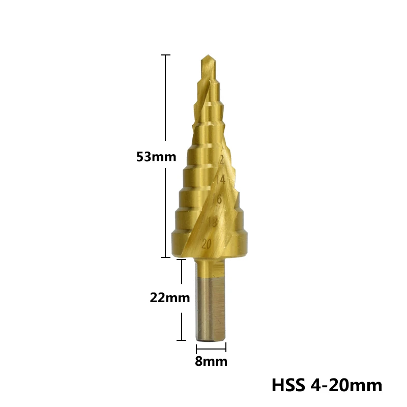 1 шт. 4-12 4-20 4-32 мм с титановым покрытием Ступенчатое сверло HSS пагода спиральное конусное сверло набор треугольного хвостовика отверстие резак - Цвет: 1pc 4-20mm