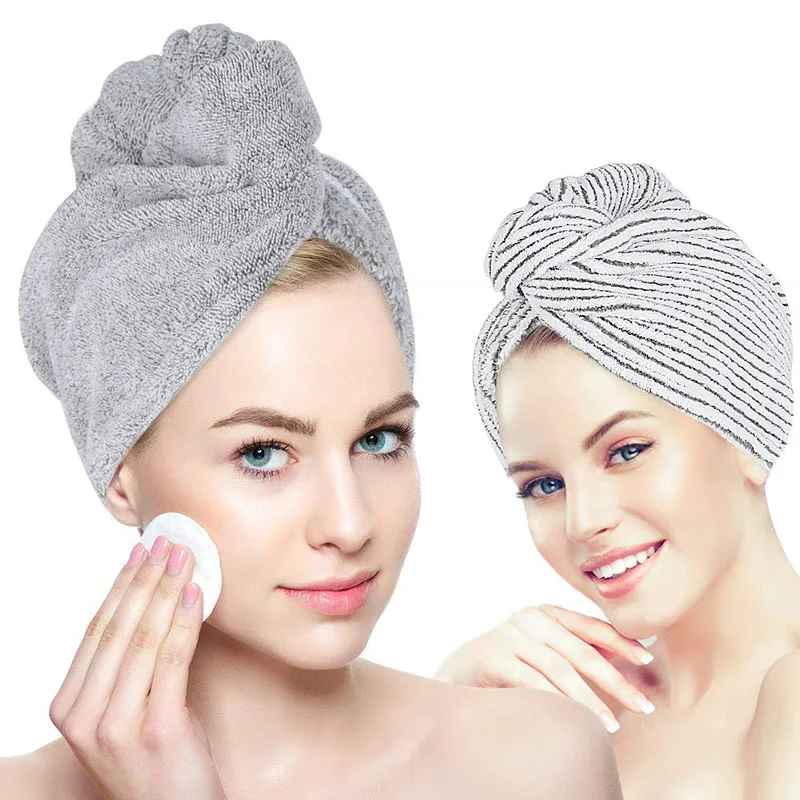 2pcs Cotton Dry Hair Cap Fast Drying Shower Towel Wrap Hat Bathroom Supply Kits 