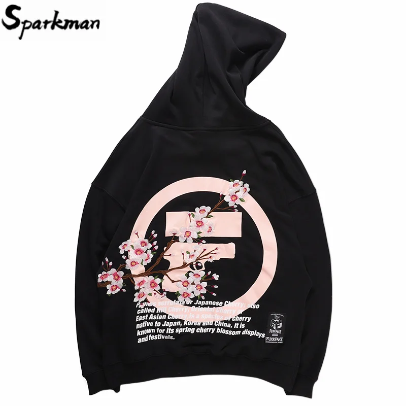 

2019 Mens Streetwear Hoodies Pullover Hip Hop Harajuku Hoodie Sweatshirt Japanese Embroidery Sakura Sweat Shirts Cotton Autumn