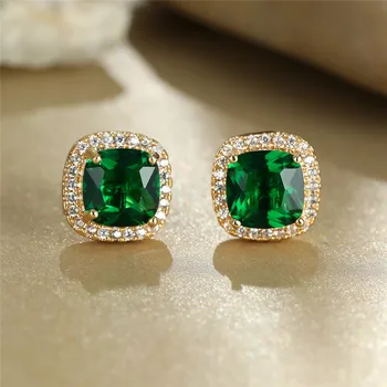 Female Luxury Green Crystal Stud Earrings Classic Green Zircon Square Stone Earrings Vintage Gold Color Small Earrings For Women