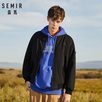 SEMIR, мужская бейсбольная куртка с полной молнией, мужская куртка-бомбер с флисовой подкладкой, карманами, резинкой на манжетах и подоле, уличная зимняя куртка - Цвет: black