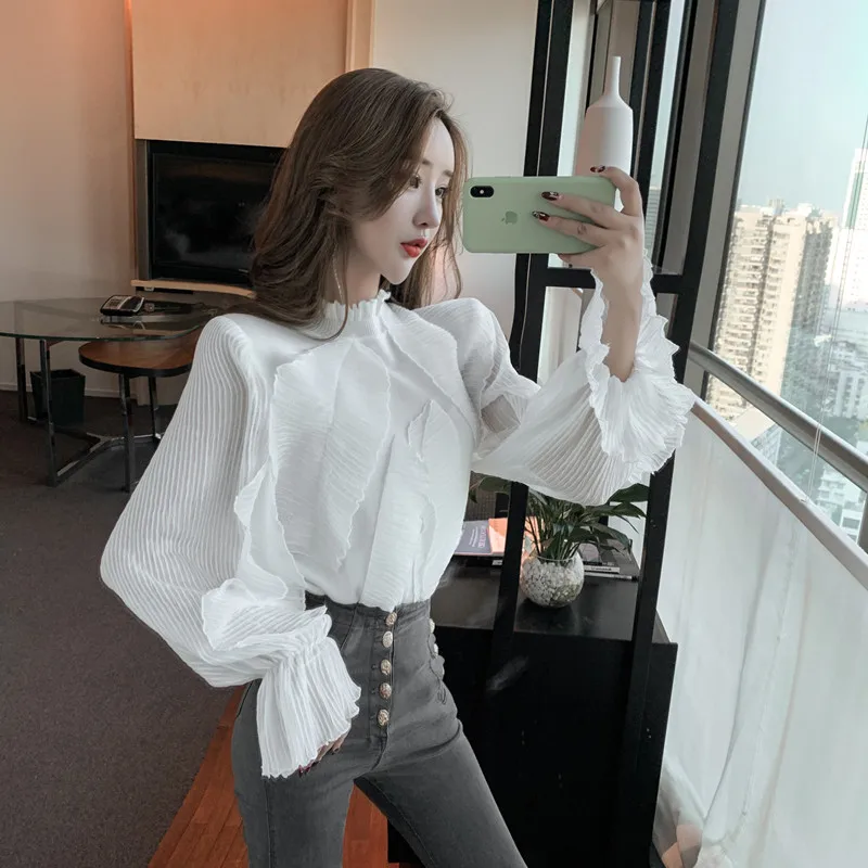 RUGOD винтажная блузка с рюшами, женские блузки с длинным рукавом, элегантный топ, корейская модная одежда, женские рубашки, Повседневная рубашка, Прозрачные топы