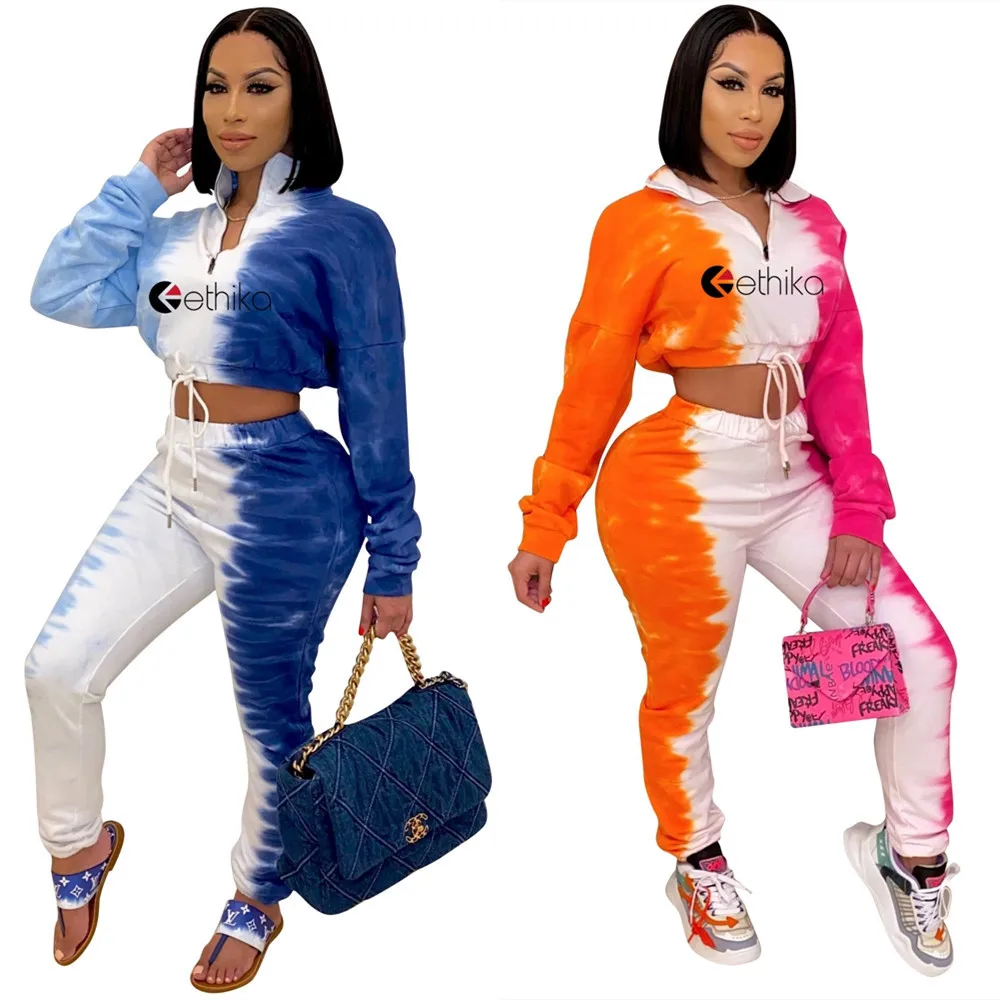 

Women's Tracksuit Tie Dye 2 Piece Set Hoodie Sportswear Long Sleeve Short Top Pantalones Suit Conjuntos De Mujer Outfit Chandals