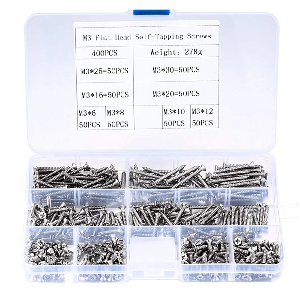 

400pcs/box M3 Cross Flat Head Self Tapping Screw Assortment Kit Wood Thread Nail Screw Sets DIY Countersunk Head Smal Scres