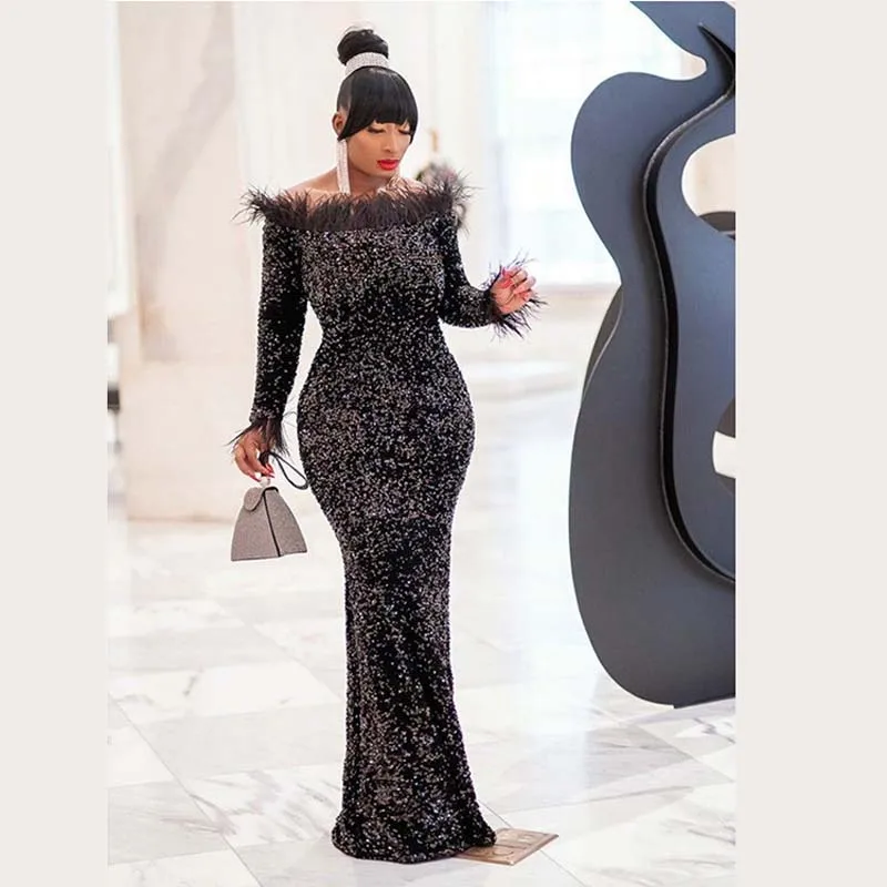Sexy Slash Neck Sequins Velvet Dress African Clothes Women Bodycon Dress Long Sleeve Feather Collar Bandage Evening Dress Party