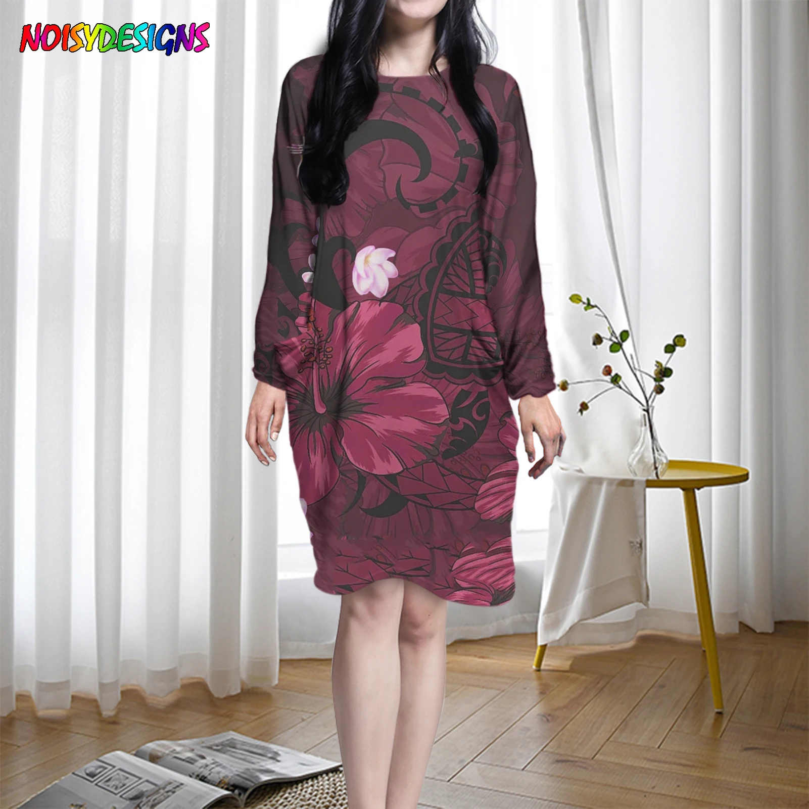 

NOISYDESIGNS Women Midi Dress Hibiscus Polynesian Tribal Print Long Sleeve Round Neck Loose Nightdress Homewear Vintage Vestidos