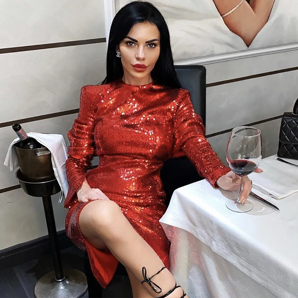 Новинка зимы 2020 модное женское красное платье с блестками сексуальное