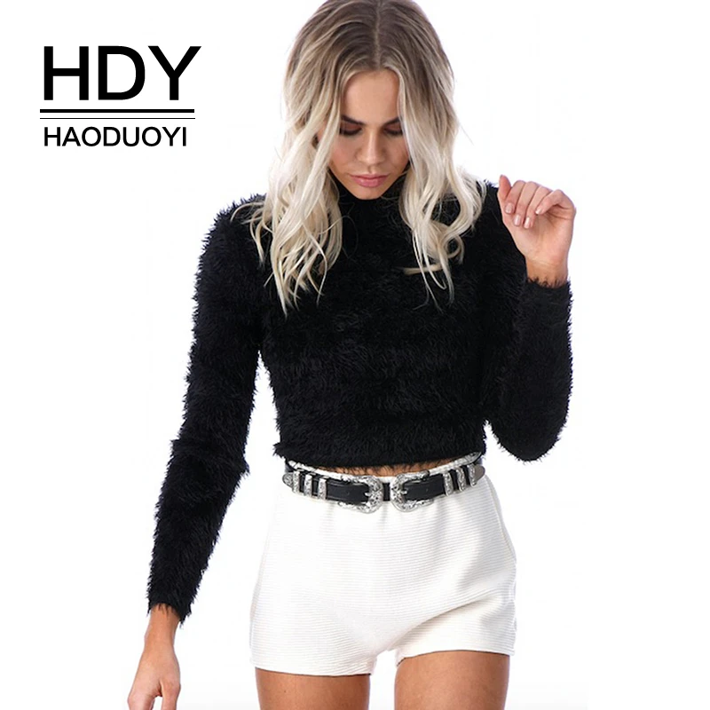

HDY Haoduoyi Women Fashion Sweet Plush Turtleneck Long Sleeve Short Paragraph Super Comfy Soft Knit Autumn Pullover Sweater