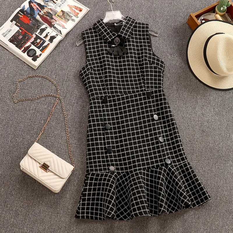 dress only Небольшой аромат клетчатое твидовое платье осень зима женское без рукавов отложной воротник бант бриллианты жилет платье с оборками и русалкой - Цвет: dress only