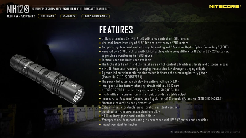 NITECORE MH12S 1800 Lumens 21700 Dual Fuel Compact Flashlight (28)