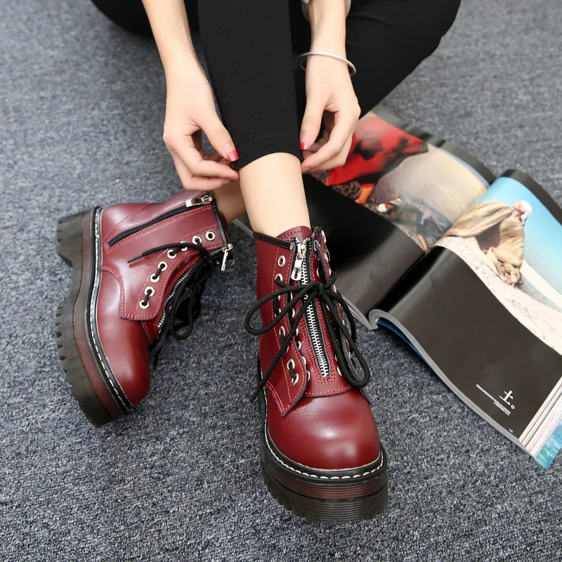Модная обувь на плоской подошве с молнией женские ботинки из искусственной кожи на платформе и высоком каблуке Женская обувь на шнуровке ботильоны для девочек 35-40 - Цвет: Бордовый