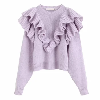 

2020 women high street cascading ruffles solid knitting sweater autumn long sleeve casual slim pullovers chic leisure tops