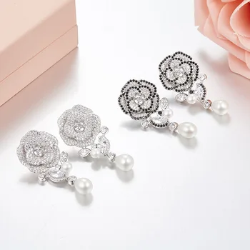 

S925 Sterling Silver Charm Black Rose Flowers Earrings For Women Shiny Cubic Zirconia White Rose Flowers Earrings Jewelry