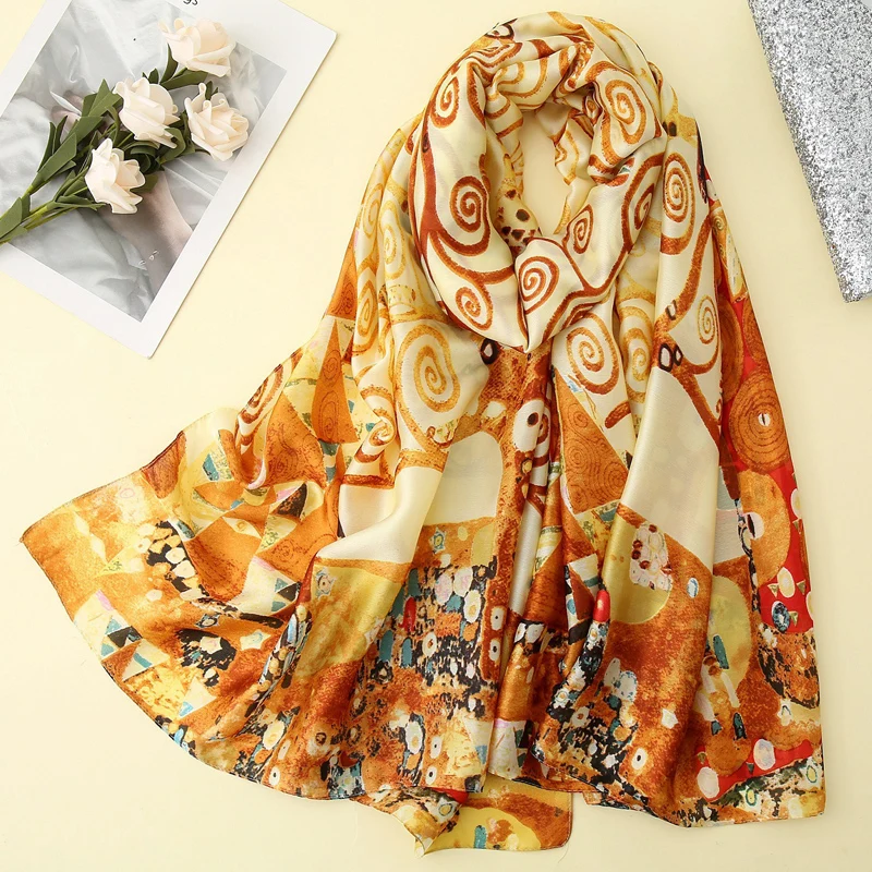 Visual Axles Gustav Klimt Oil Painting Silk Scarf The Tree Of Life Shawl Foulard for Women Bandana Spring Scarves |