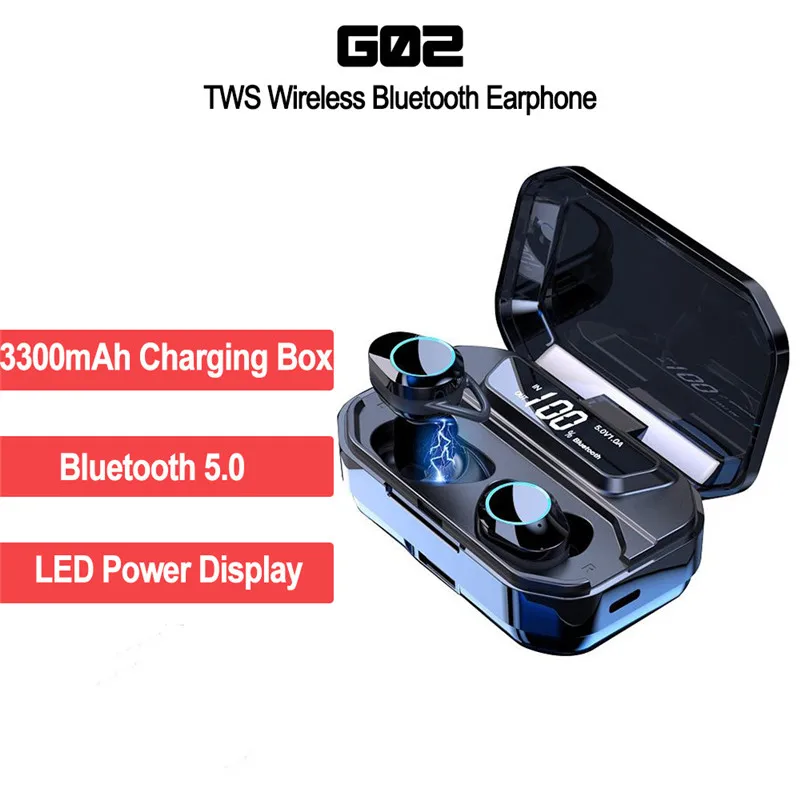 G02 TWS 5.0 Bluetooth 6D Stereo Earphone Wireless Earbud Stereo Headset 3300mAh LED Smart Power Bank Phone Holder elari nanopods