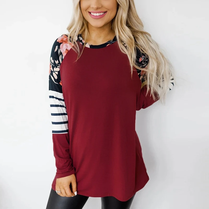 Vintage T Shirt Women Loose Floral Stripe Stitch Print Loose Long Sleeve Top Streetwear T Shirt