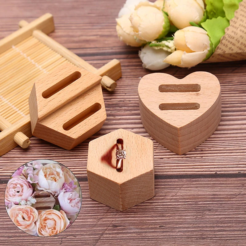 Wooden Hexagon heart shaped Ring Display Stand Couples Rings Jewelry