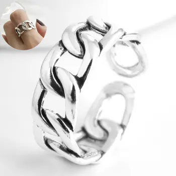 

New Korean Geometric Simple Cuban Chain Antic Silver Opening Metal Minimalist Chunky Rings Unisex Women Gifts