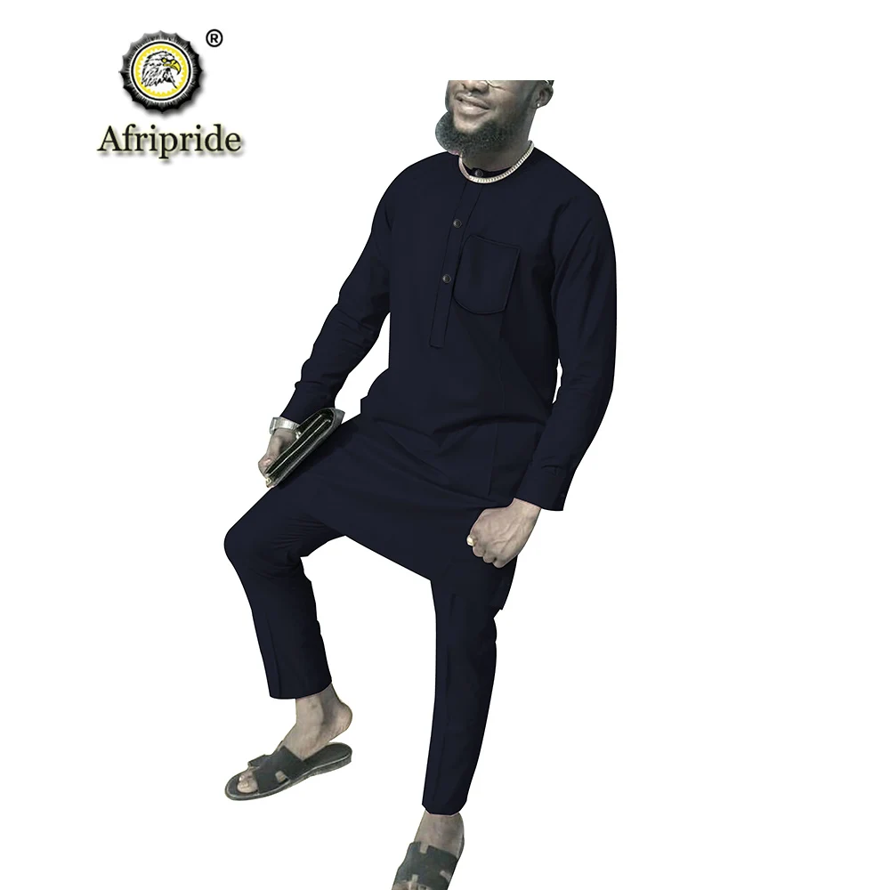 Африканская мужская одежда костюм из 2 предметов рубашки с длинными рукавами Топы+ брюки комплект Анкара тканевые с принтом карман AFRIPRIDE S1916004 - Цвет: 14