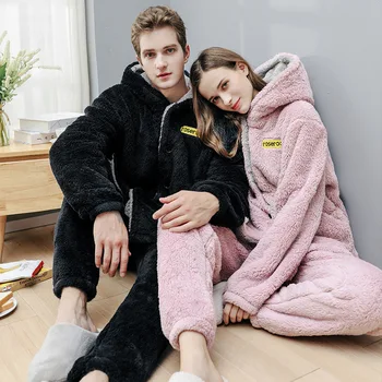 

2020 Autumn Winter New Hooded Pajamas Suit Women Flannel Sleepwear Couples Cute 2PCS Shirt&Pants Homewear Warm Pyjamas Nightwear