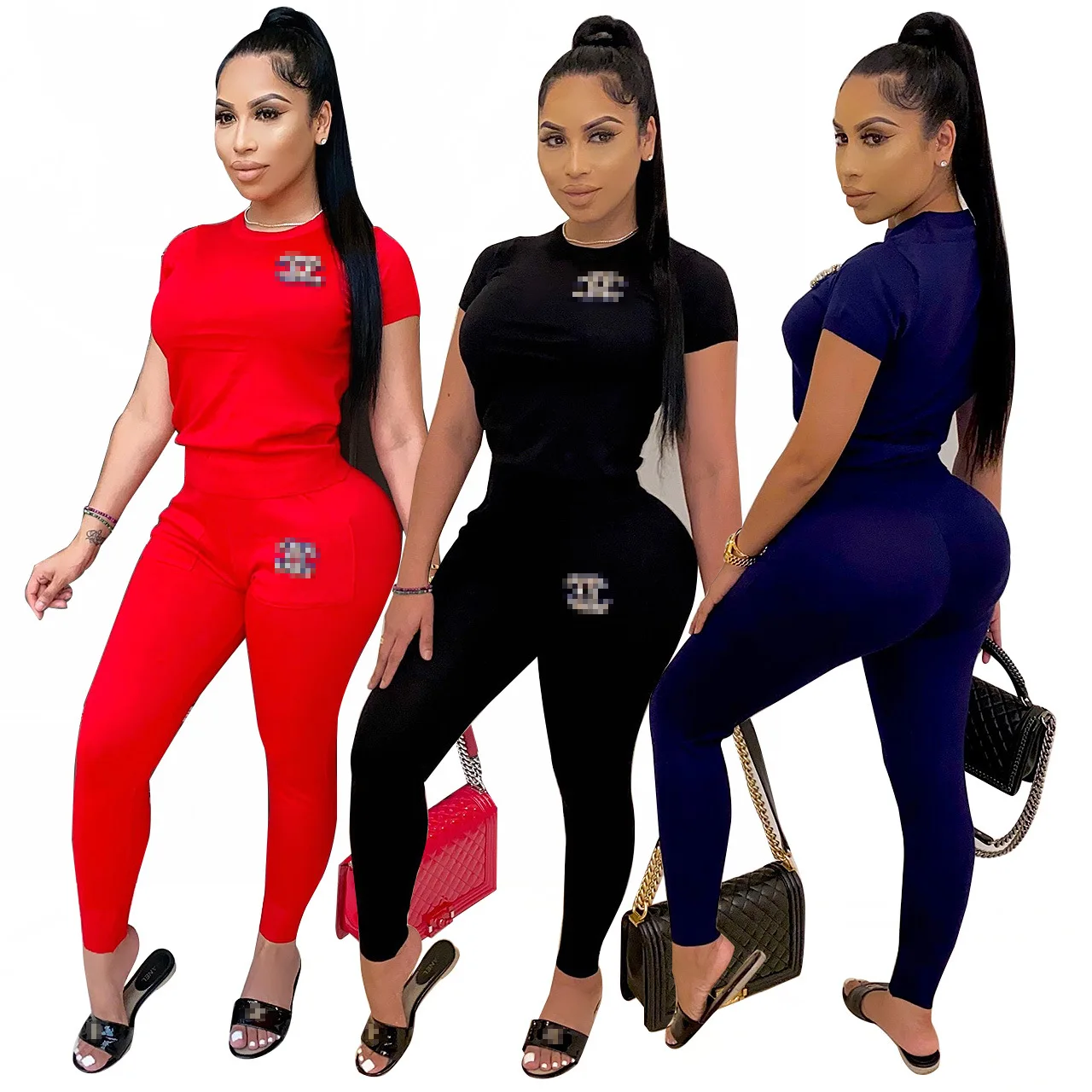 

1C wholesale women clothing T-shirt long pants 2-piece set can private custom label if and only if meet our minimum requirement