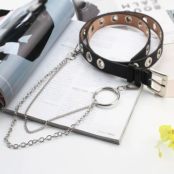 

2020 New Fashion Women Punk Chains Fashion Belt Adjustable Black Single Eyelet Grommet Leather Buckle Belt cinturones para mujer